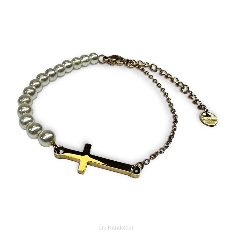 Armband kruisje en parels goud