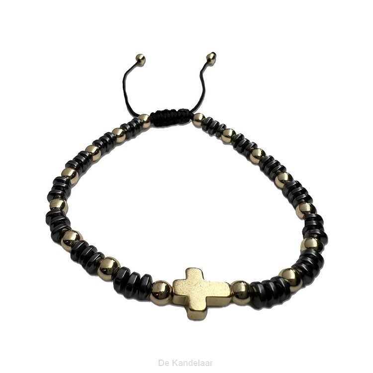 Kralenarmband small grijs/goud met kruis