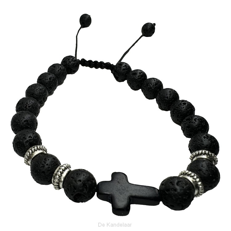 Kralen armband heren zwart met kruisje