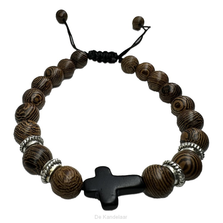 Kralen armband heren bruin met kruisje