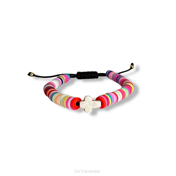 Trekkoord armband gekleurde kralen  roze