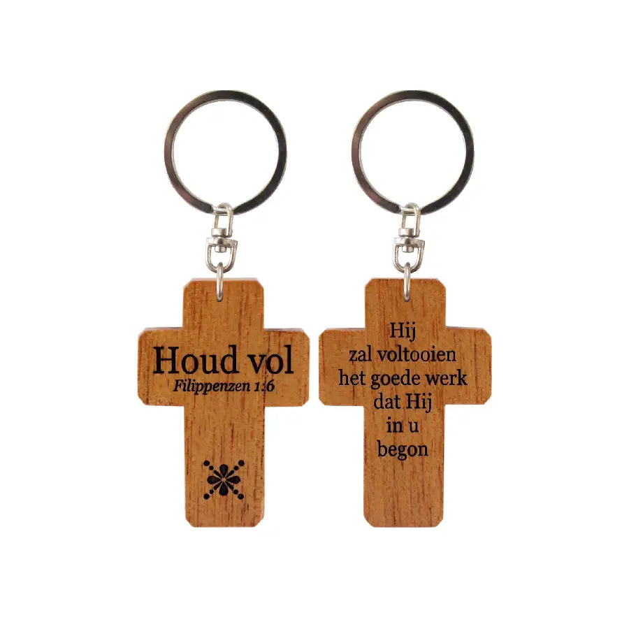 Sleutelhanger kruis hout Houd vol Fil. 1